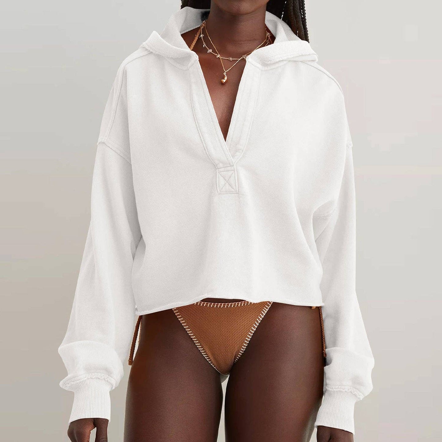V-Neck Hooded Pullover Sweatershirt