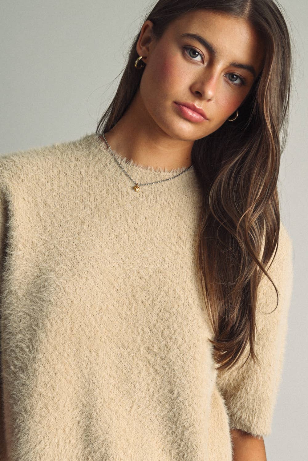 CROPPED FAUX-FUR SWEATER WITH ROUND NECK