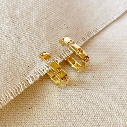 18K Gold Rectangular Clicker Hoop Earrings – CZ Accent, Hypoallergenic & Water-Resistant