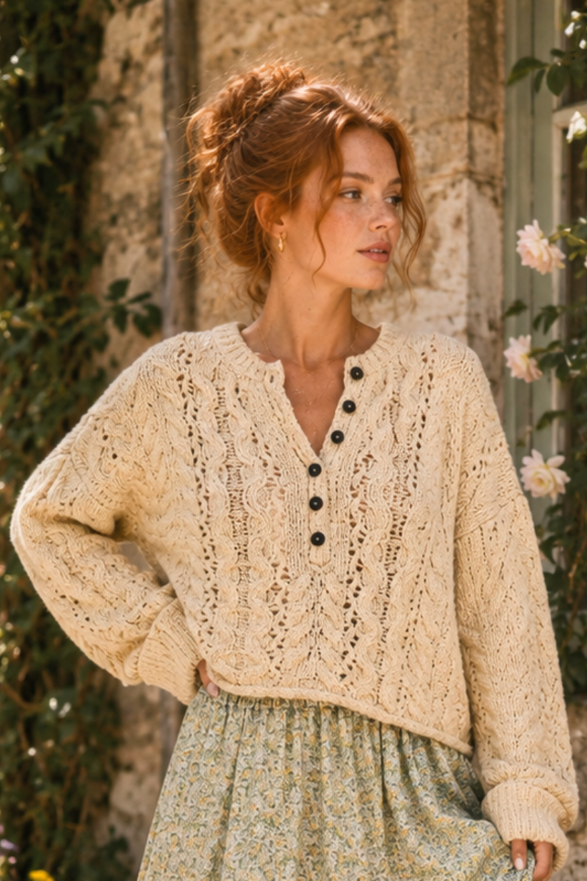 Cropped Henley Knit Sweater