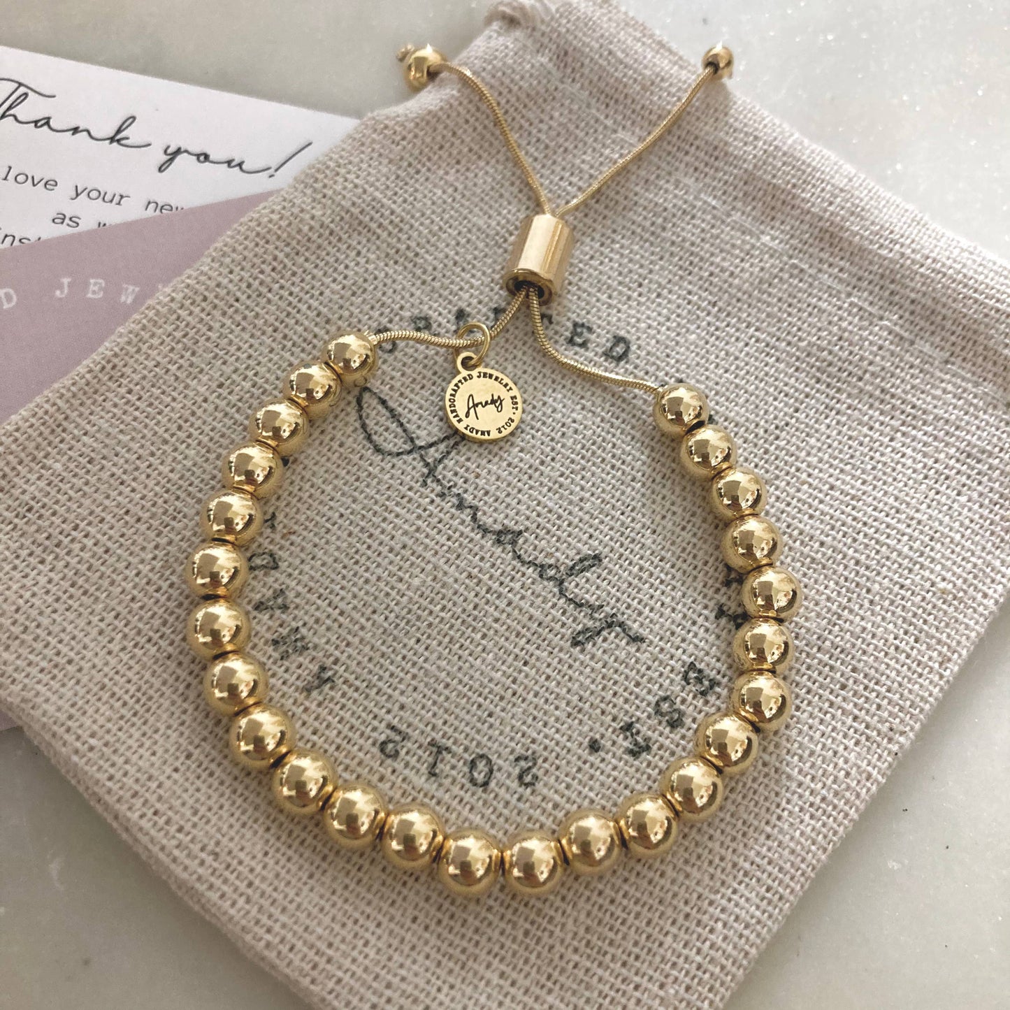 Gold beaded adjustable bracelet, 24k Gold-plated layering