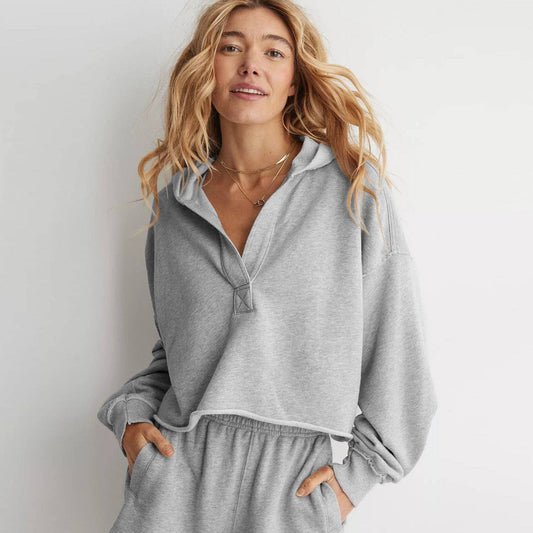 V-Neck Hooded Pullover Sweatershirt