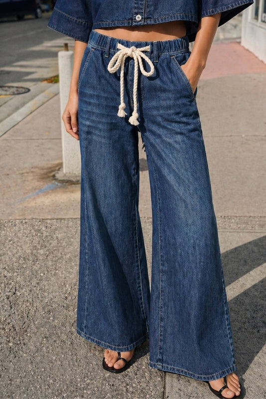 Wide Leg Drawstring TENCEL Denim Pants – Women's High Waist Casual Trousers