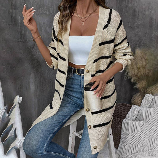 Chic Striped Buttoned Cardigan Sweater
