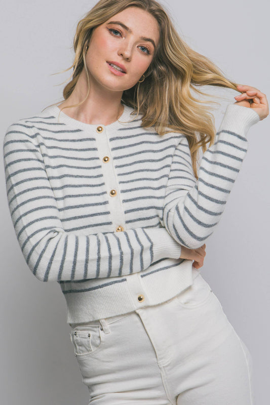 Striped Crew Neck Gold Button Cardigan