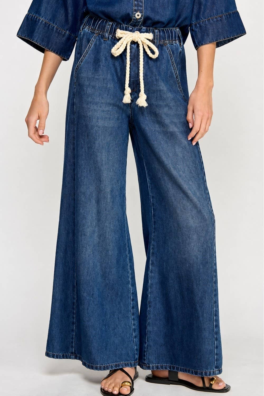 Wide Leg Drawstring TENCEL Denim Pants – Women's High Waist Casual Trousers