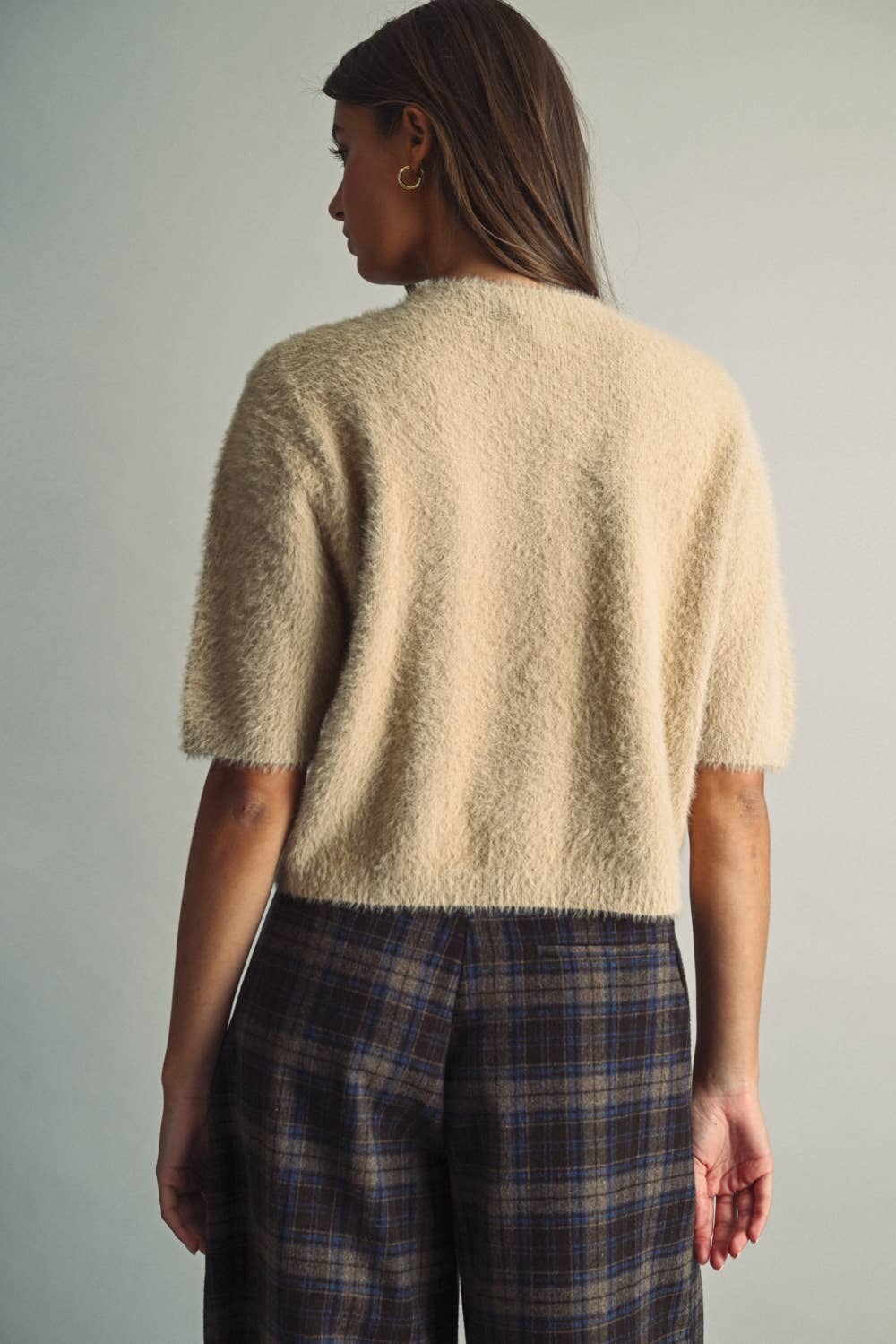 CROPPED FAUX-FUR SWEATER WITH ROUND NECK